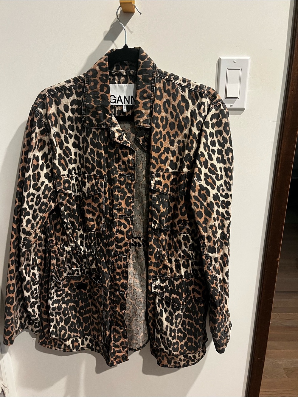 Ganni Leopard Print Jean Jacket in Brown and Black